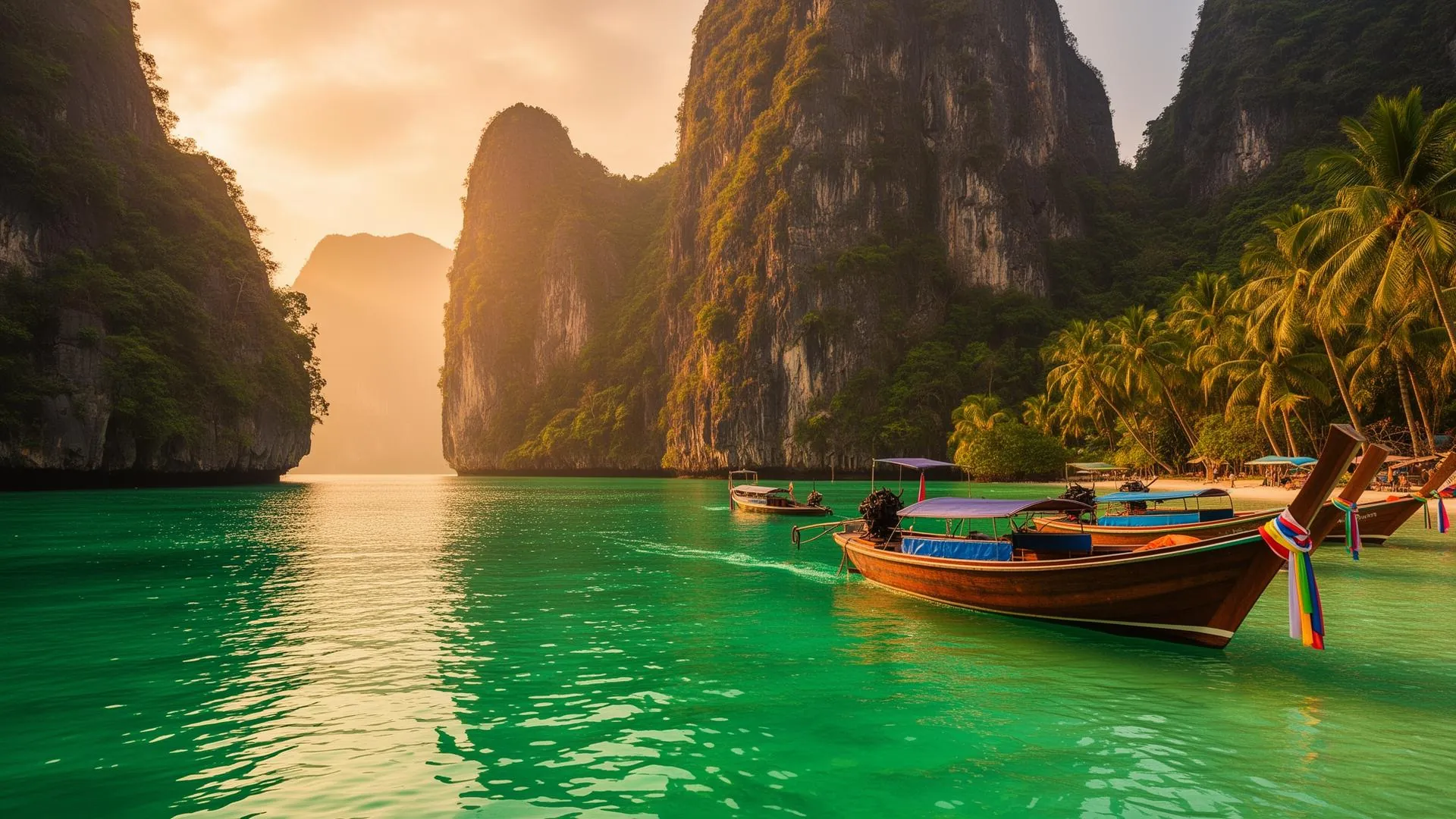 Thailand limestone karst islands and turquoise sea at golden hour