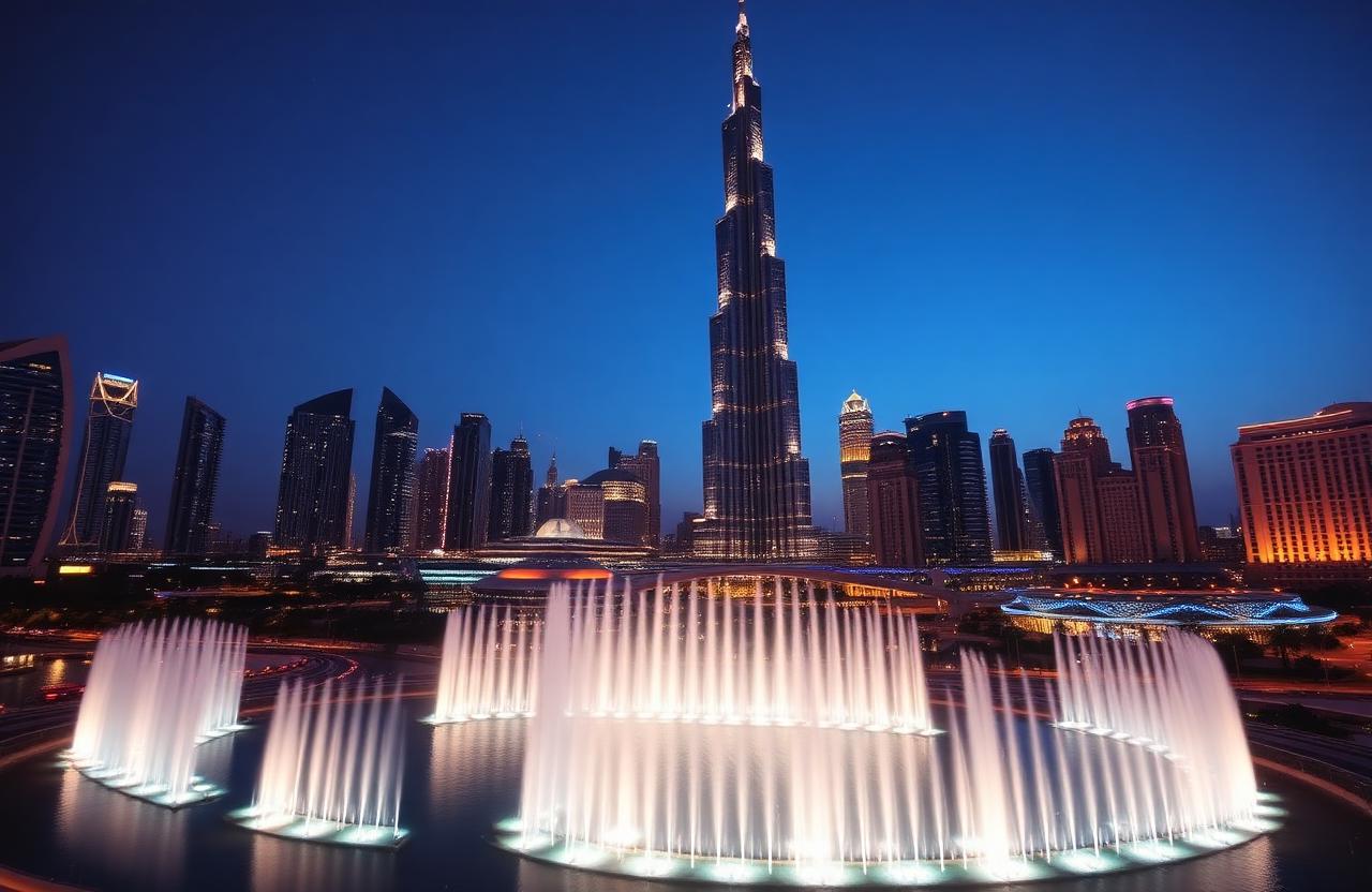 Burj Khalifa Dubai skyline at night with dancing fountains