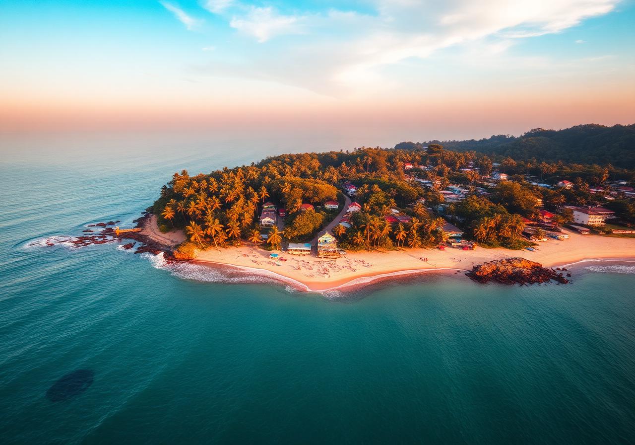 Aerial view of Palolem Beach Goa at golden hour
