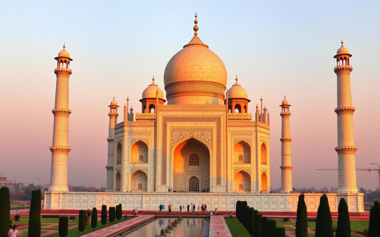 Taj Mahal Agra at sunrise with golden light reflecting on white marble