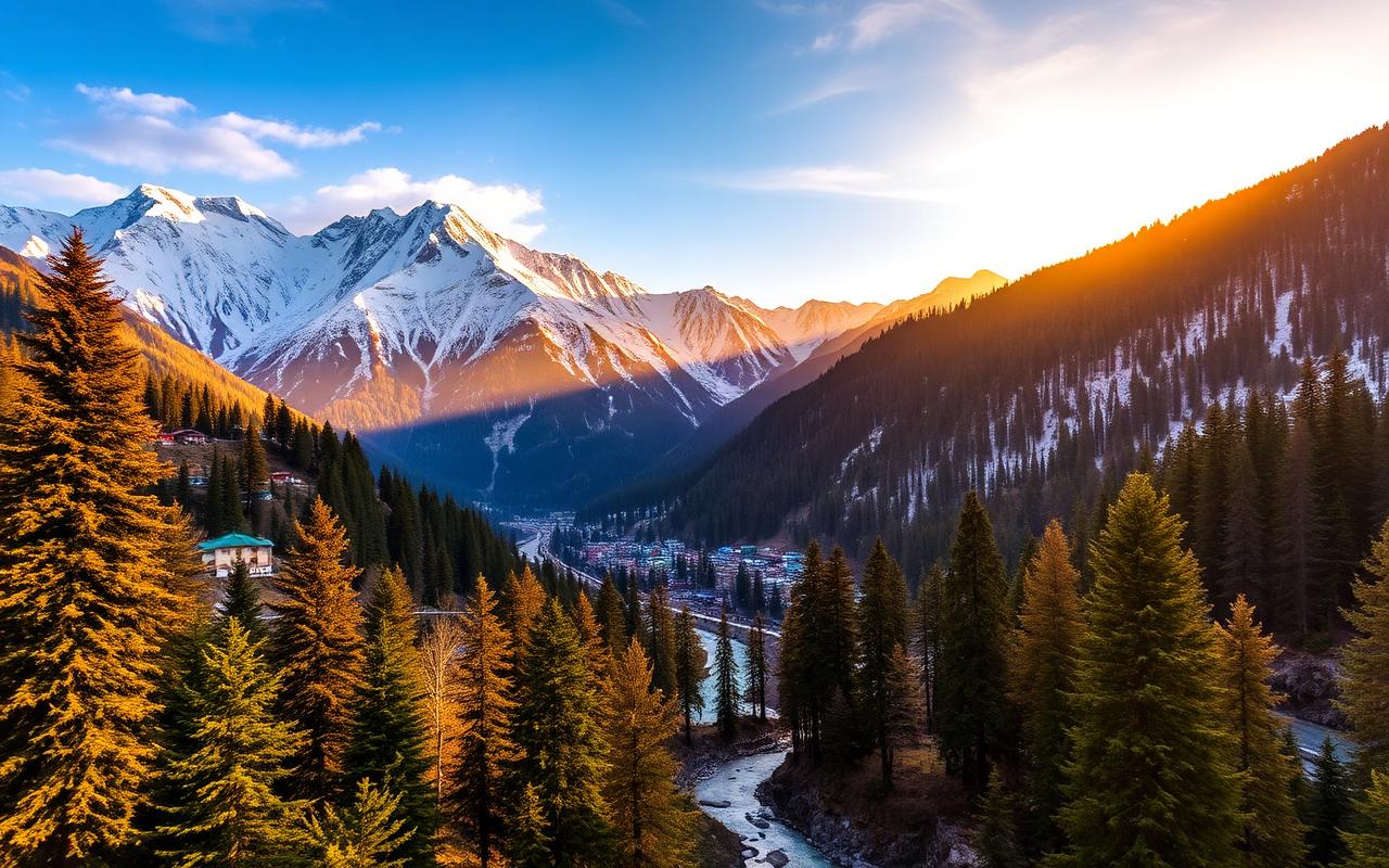 Manali Solang Valley Himachal Pradesh with snow peaks and pine forests at golden hour