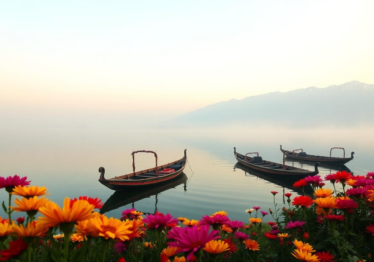 Traditional shikara boats on Dal Lake Srinagar Kashmir at sunrise