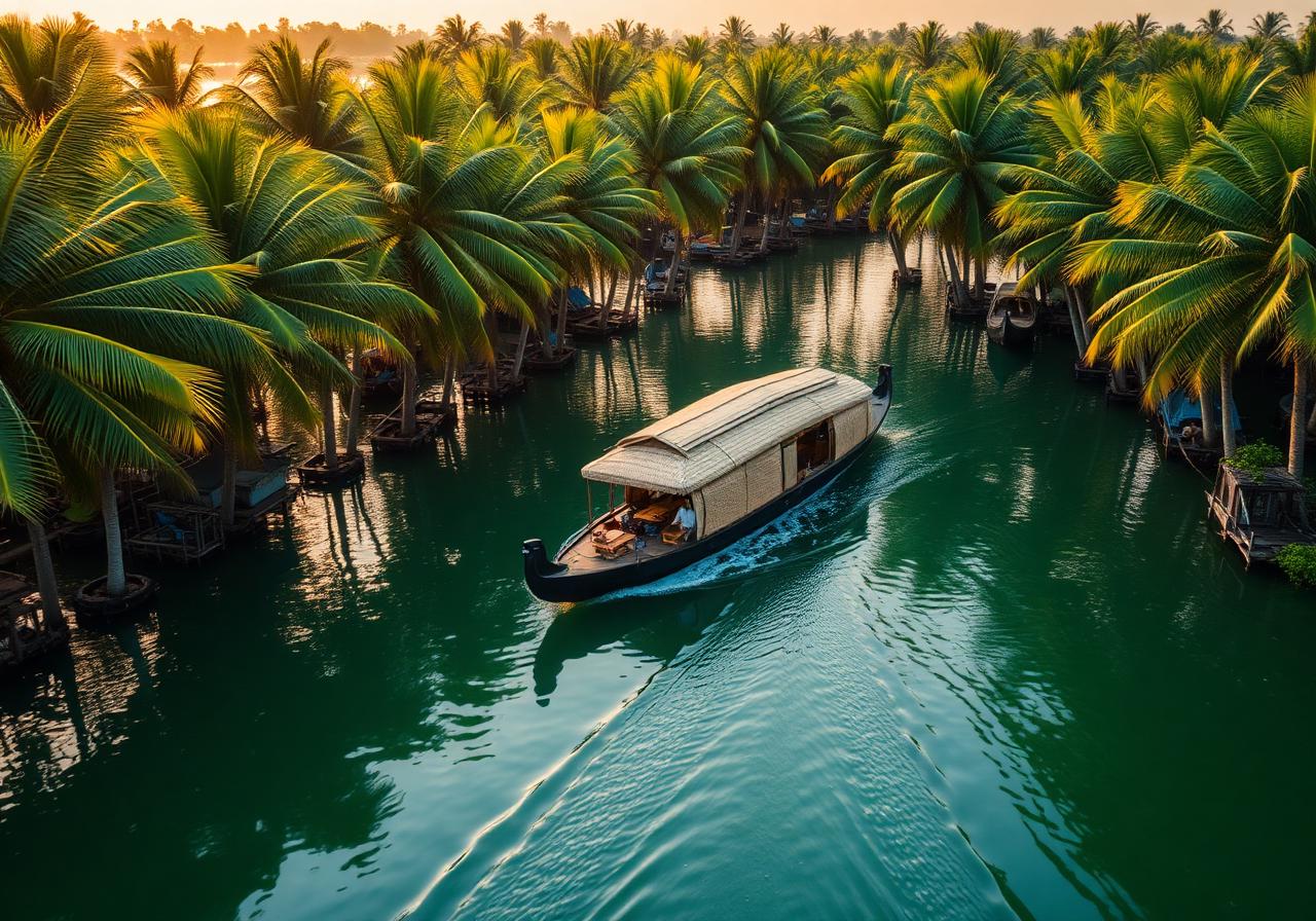 Traditional Kerala houseboat gliding through Alleppey backwaters at golden hour
