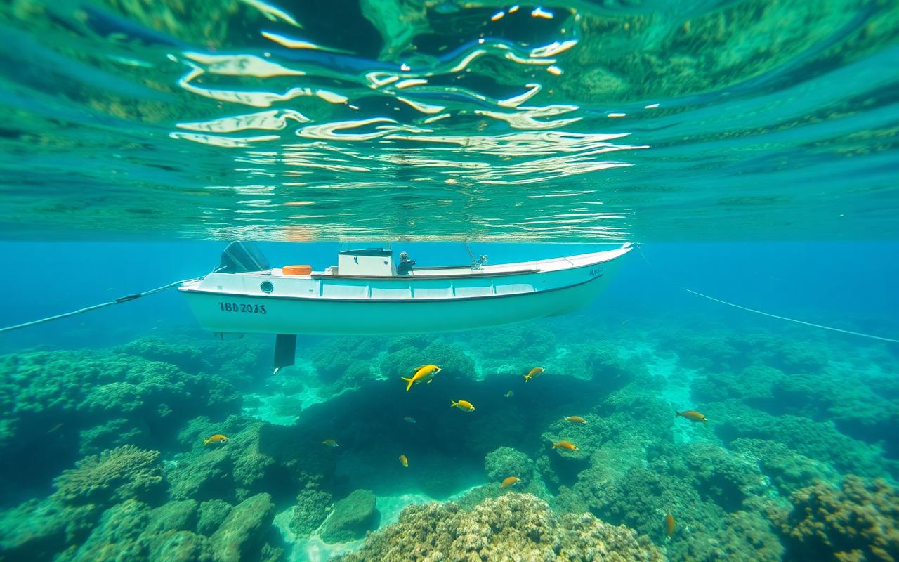 Glass bottom boat over coral reef at Agatti Island Lakshadweep