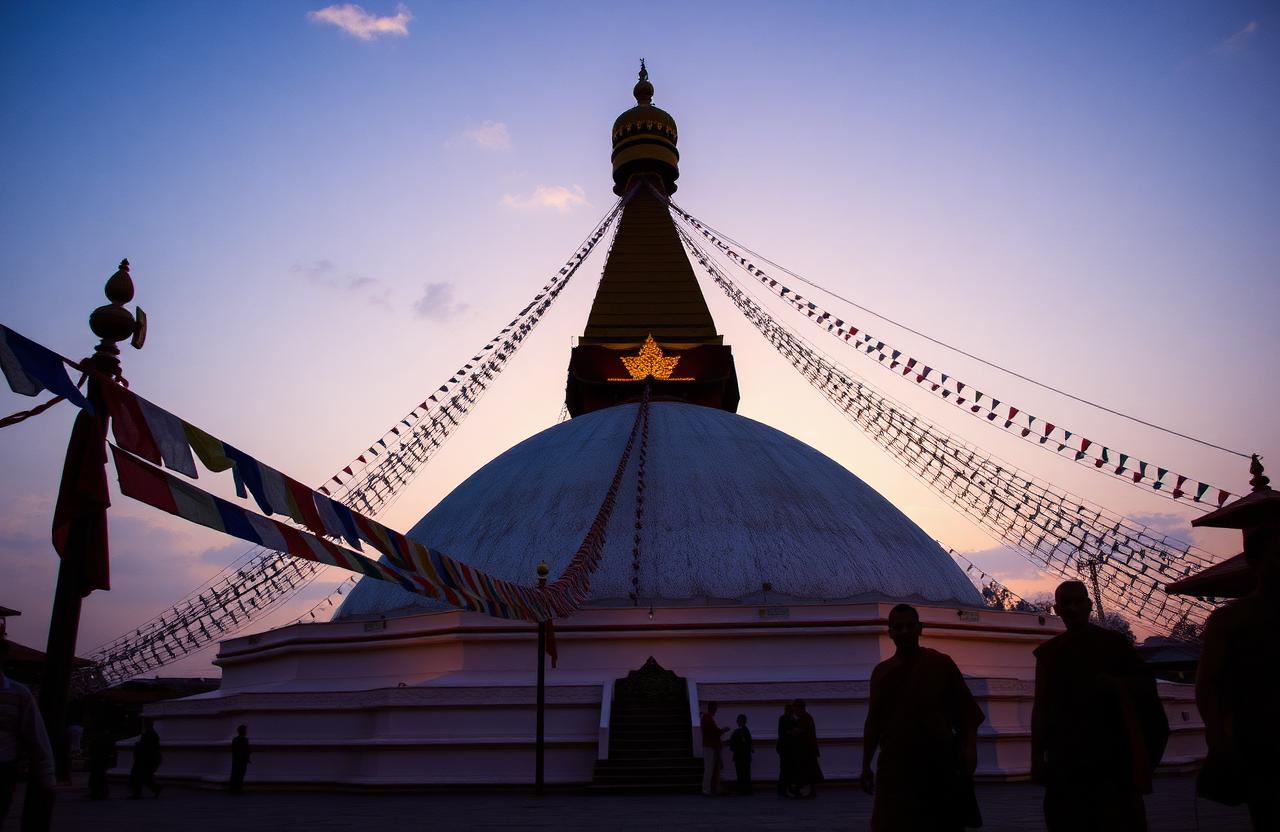 Boudhanath Stupa Kathmandu Nepal at sunset with prayer flags