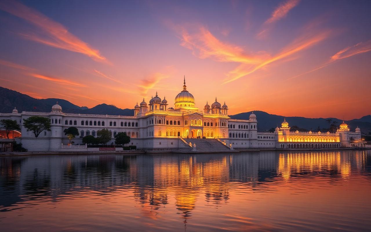 Udaipur City Palace and Lake Pichola at sunset Rajasthan