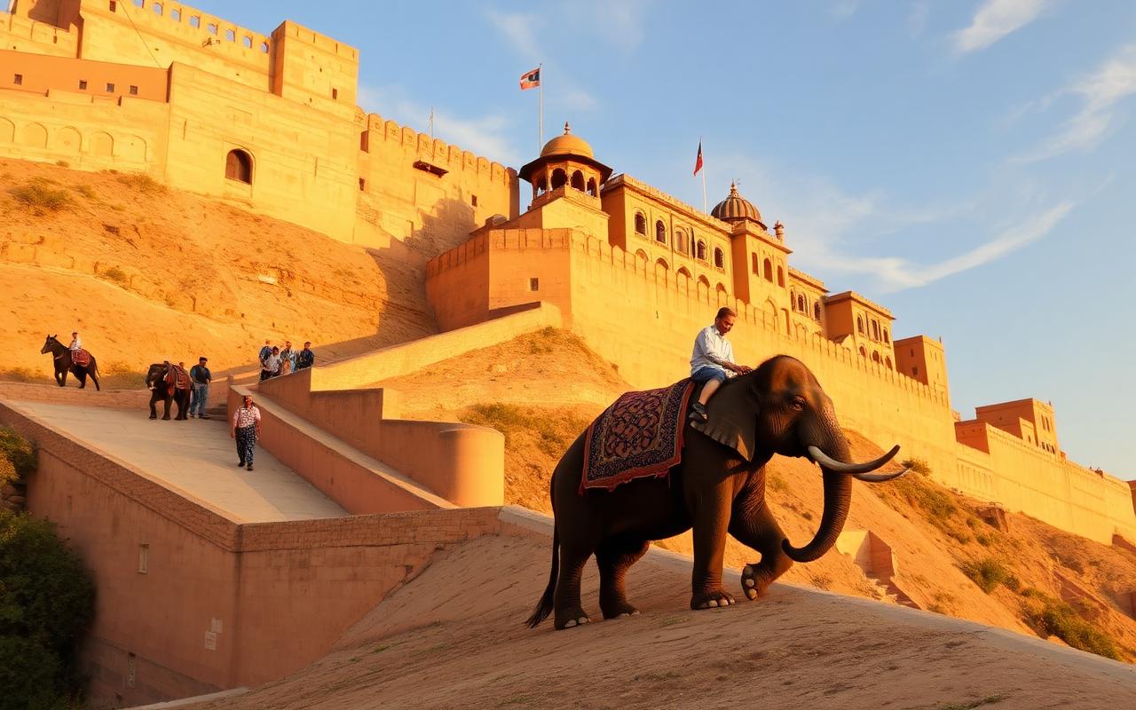 Amber Fort Jaipur Rajasthan with elephant ride at golden hour