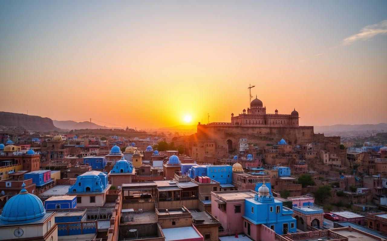 Mehrangarh Fort Jodhpur overlooking the Blue City rooftops