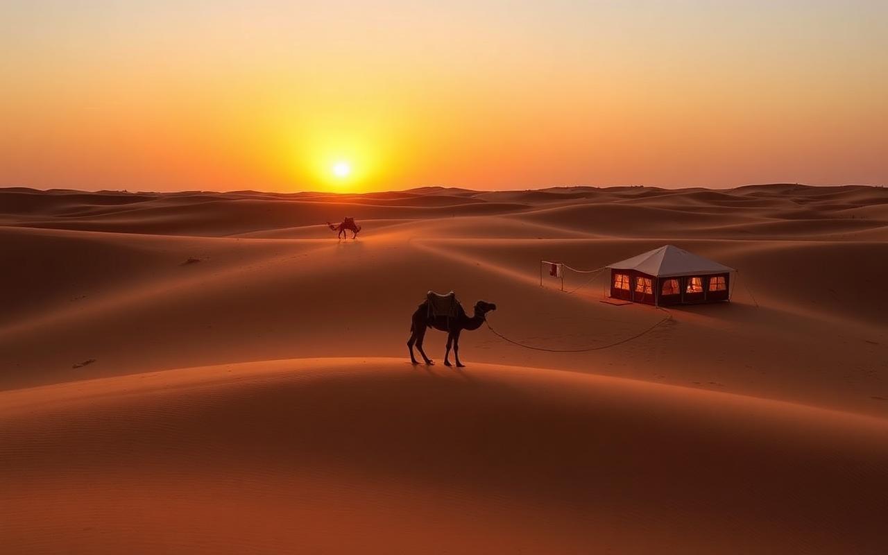 Jaisalmer Sam Sand Dunes desert camp with camels at sunset