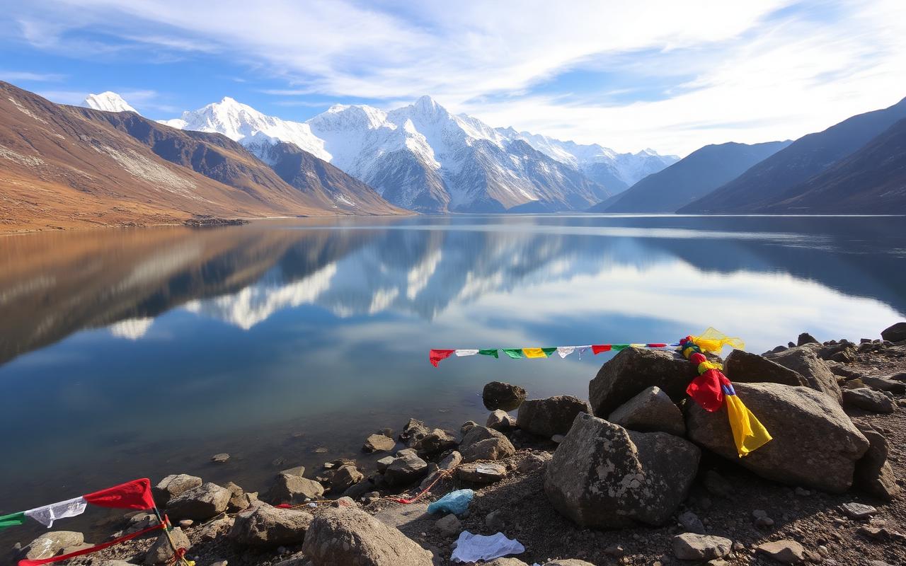 Tsomgo Lake Sikkim with snow peaks reflection and Buddhist prayer flags