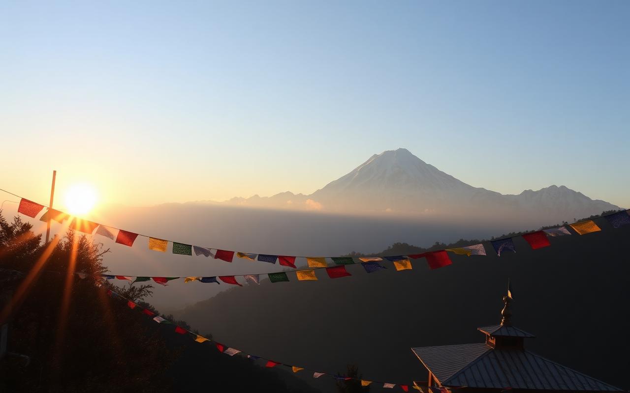 Pelling Sikkim view of Kanchenjunga snow peak at sunrise with prayer flags