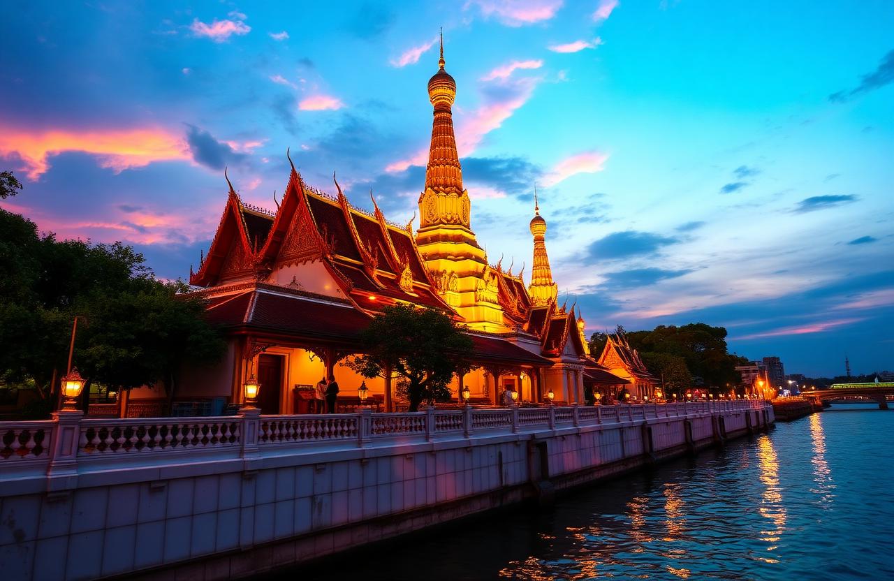 Wat Arun temple Bangkok at sunset on Chao Phraya river