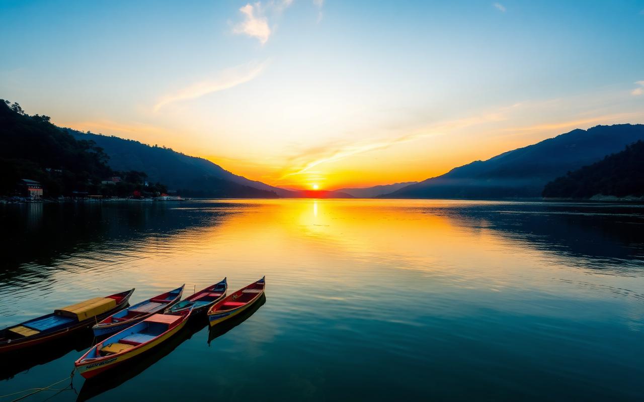 Nainital lake Uttarakhand at sunset with colorful boats and surrounding hills