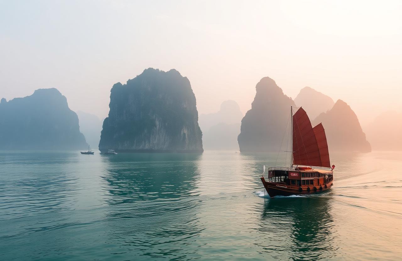 Halong Bay Vietnam sunrise junk boat limestone karsts
